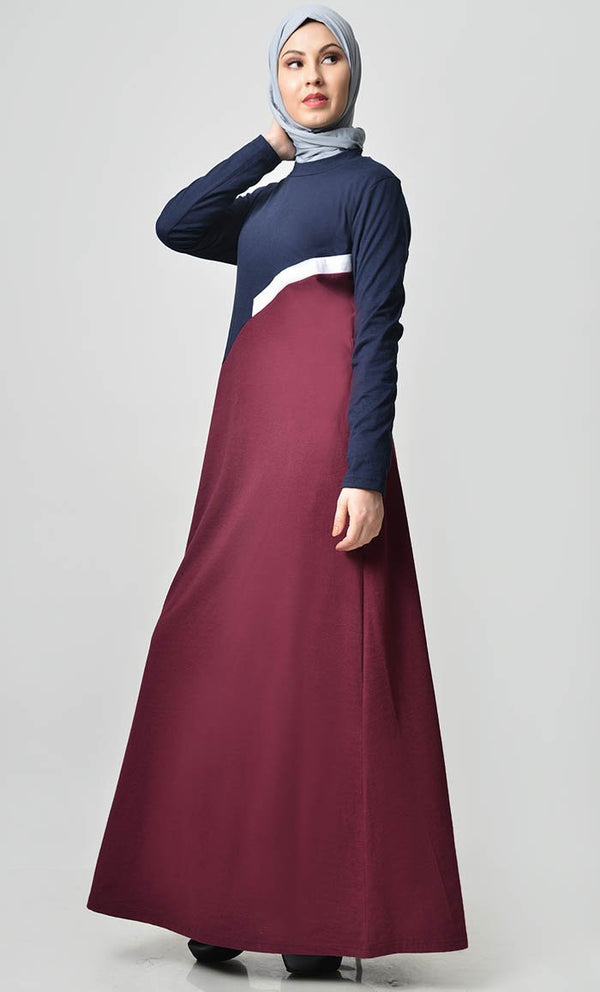 Slashed Colorblocked Jersey Abaya - Maroon Navy - EastEssence.com