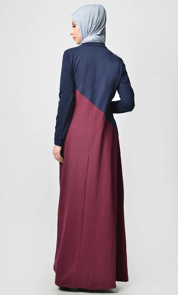 Slashed Colorblocked Jersey Abaya - Maroon Navy - EastEssence.com