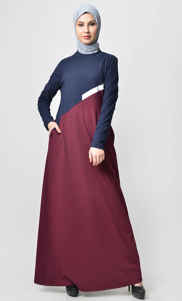 Slashed Colorblocked Jersey Abaya - Maroon Navy - EastEssence.com