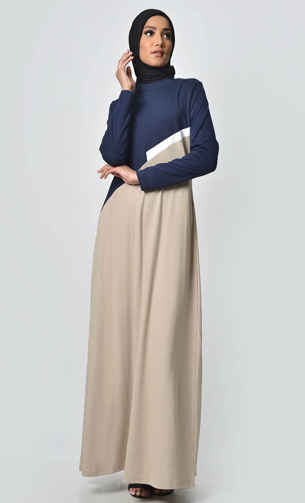 Slashed Colorblocked Jersey Abaya - Sand - EastEssence.com
