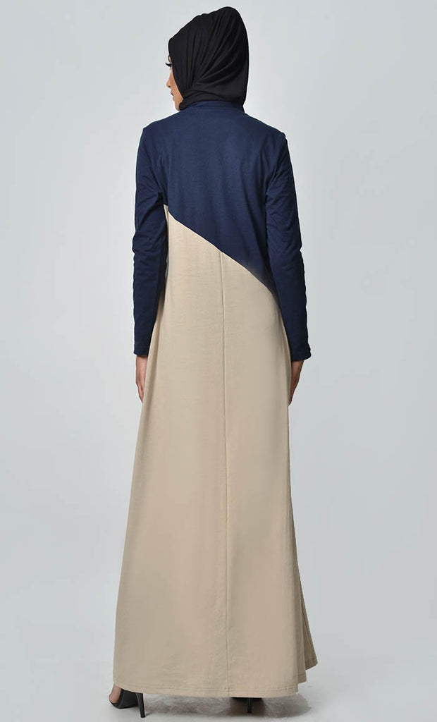 Slashed Colorblocked Jersey Abaya - Sand - EastEssence.com