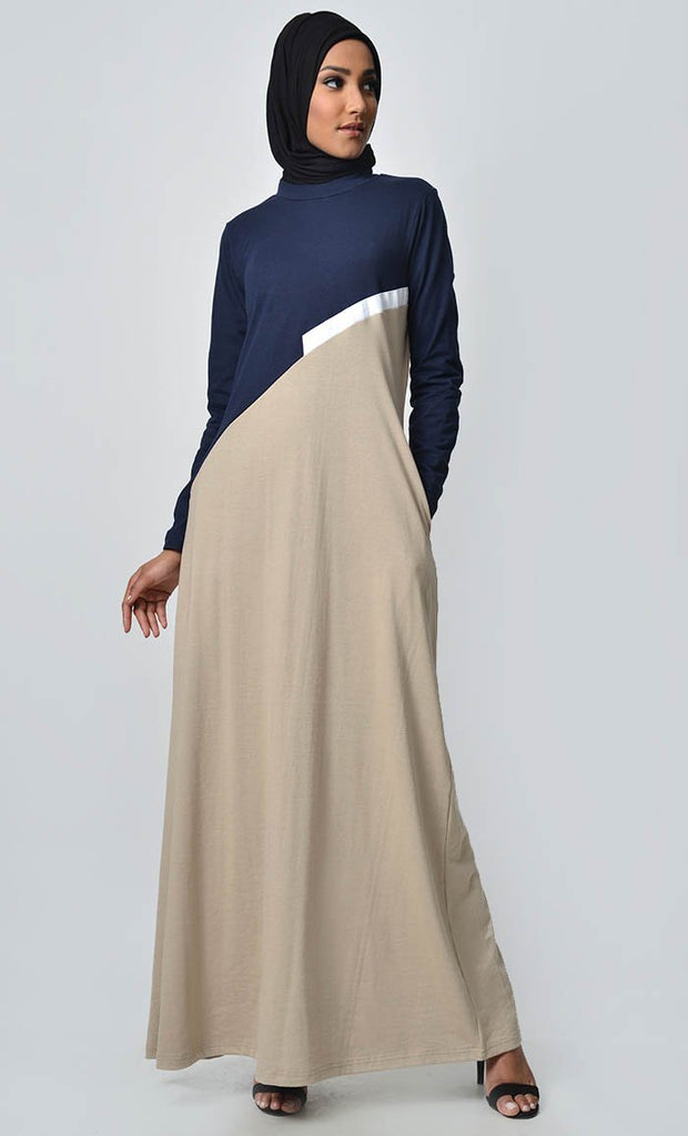 Slashed Colorblocked Jersey Abaya - Sand - EastEssence.com