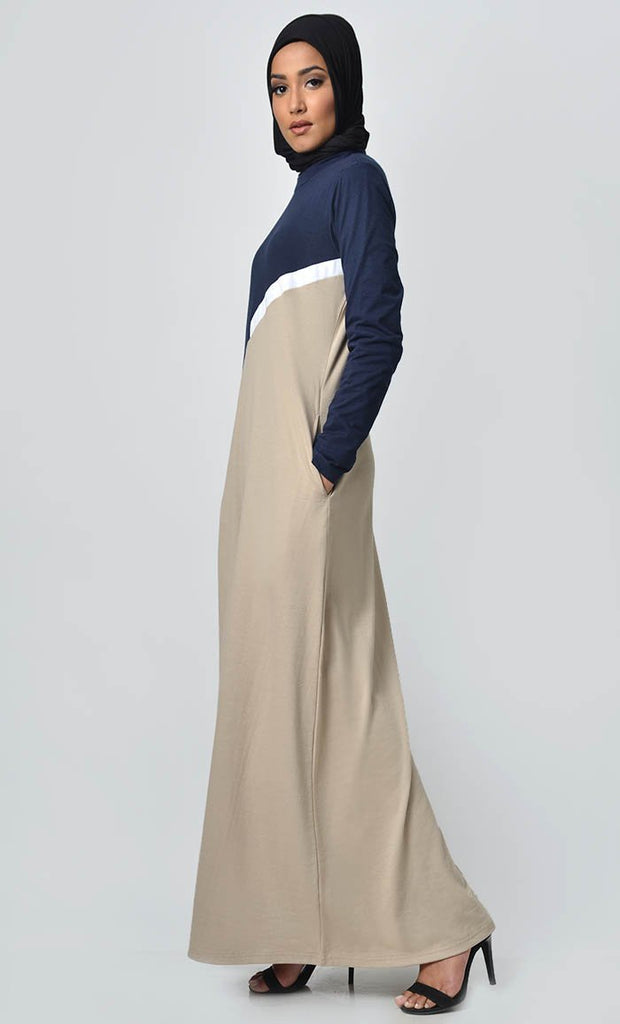 Slashed Colorblocked Jersey Abaya - Sand - EastEssence.com