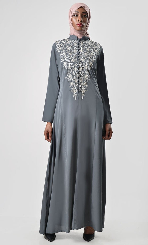 Sleeck Detail Embroidered Abaya - Grey - EastEssence.com