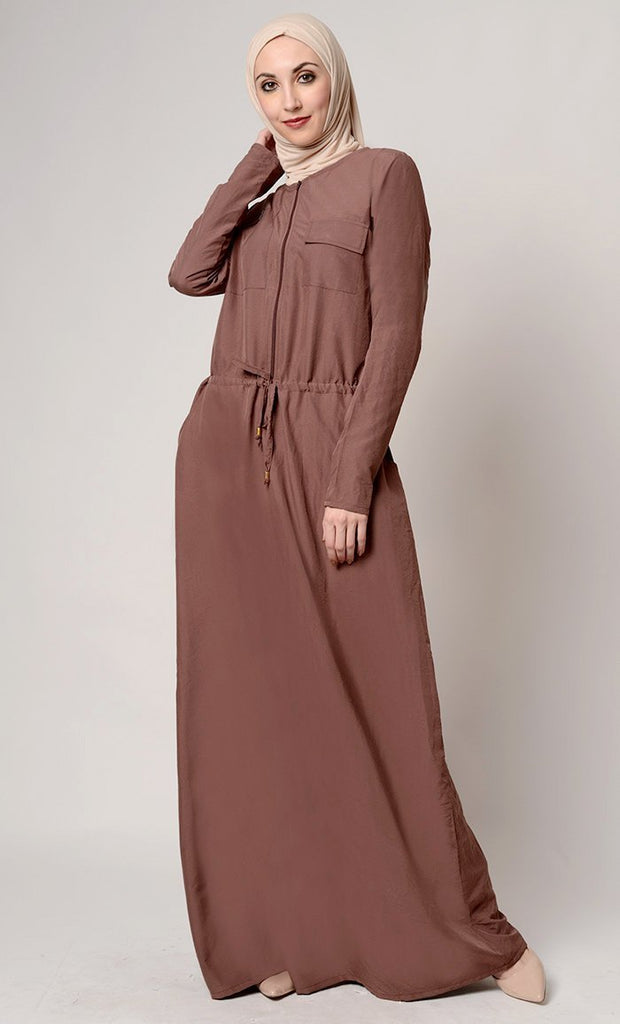 Slip On Drawstring And Zipper Detail Abaya Dress - EastEssence.com