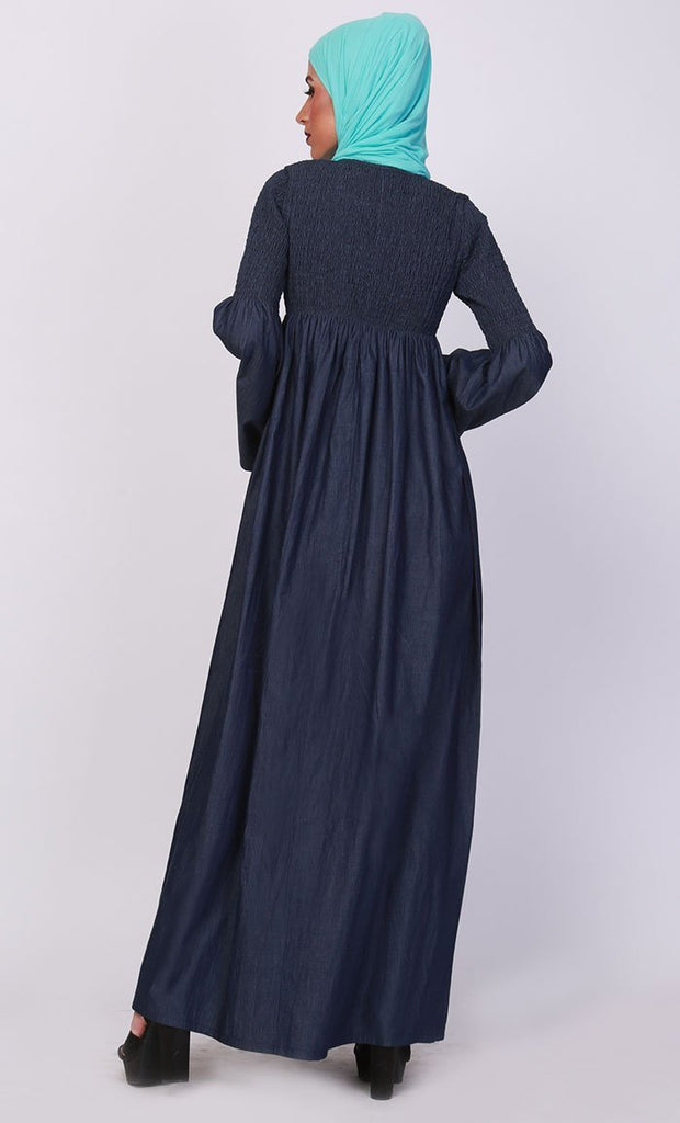 Smocking Bodice And Bell Sleeves Abaya Dress - EastEssence.com