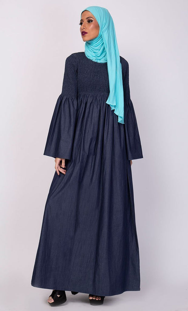 Smocking Bodice And Bell Sleeves Abaya Dress - EastEssence.com