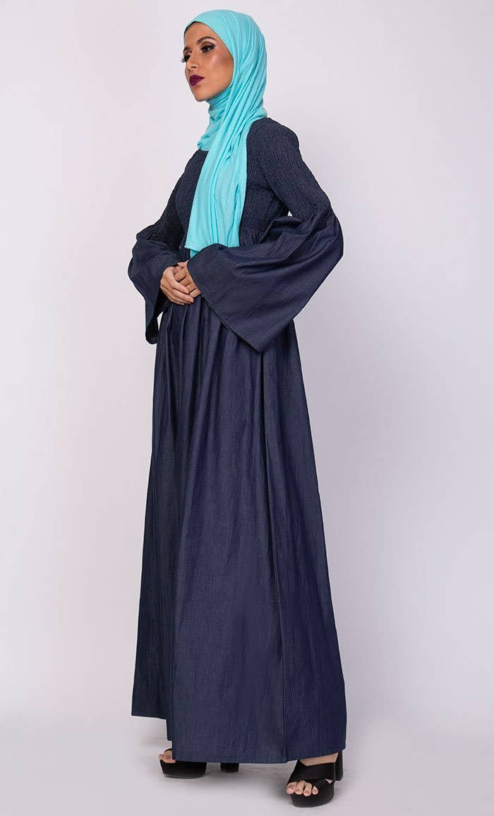 Smocking Bodice And Bell Sleeves Abaya Dress - EastEssence.com