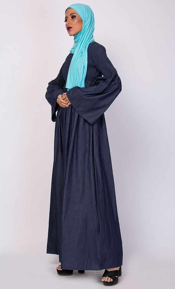 Smocking Bodice And Bell Sleeves Abaya Dress - EastEssence.com