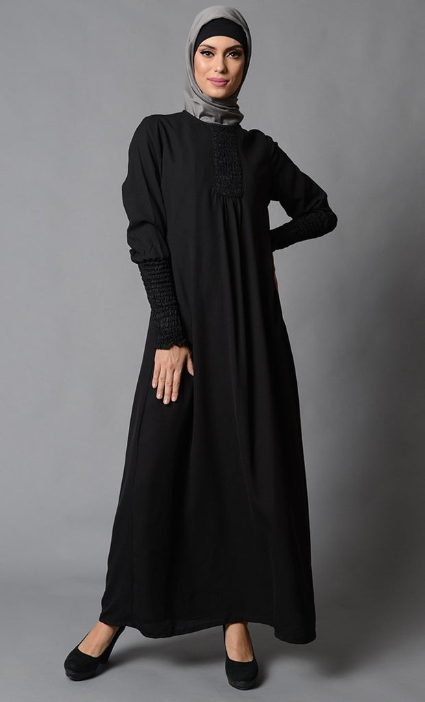 Smocking Detail Sleeves And Neckline Abaya Dress - EastEssence.com