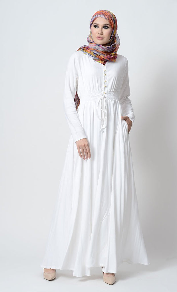 Smocking waistline and loop buttons detail casual abaya dress - EastEssence.com