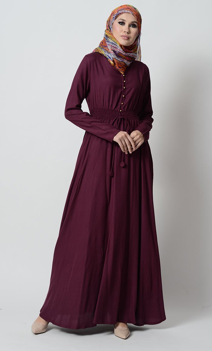 Smocking waistline and loop buttons detail casual abaya dress - EastEssence.com