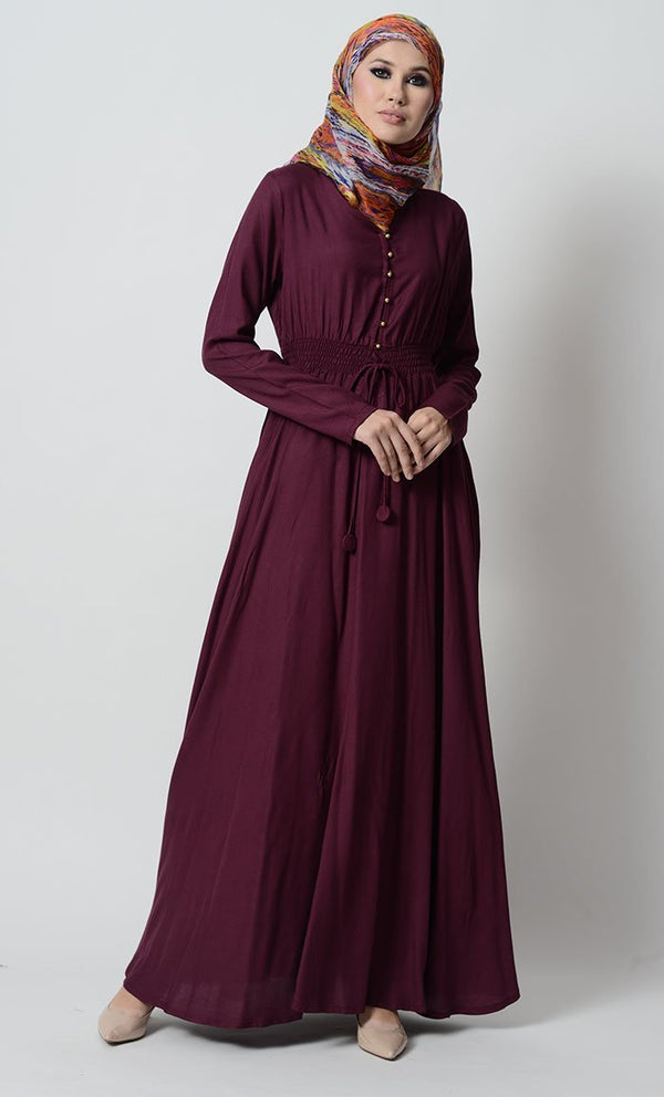Smocking waistline and loop buttons detail casual abaya dress - EastEssence.com