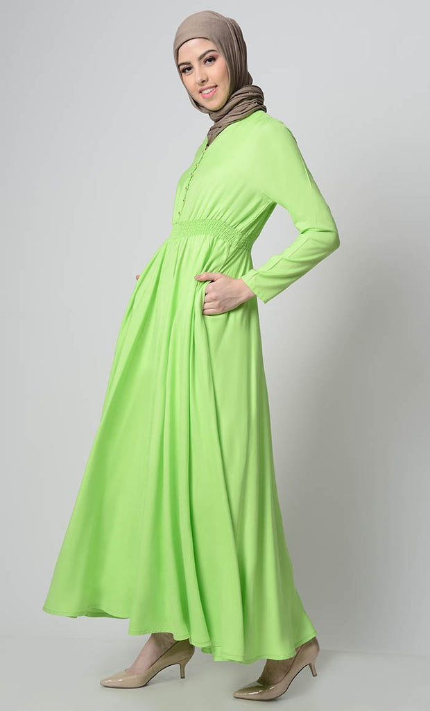 Smocking Waistline And Loop Buttons Detail Casual Abaya Dress - EastEssence.com