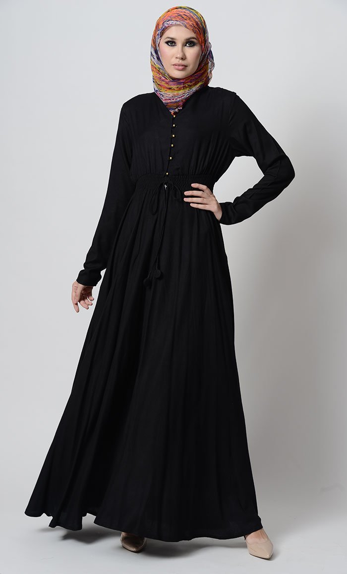 Smocking waistline and loop buttons detail casual abaya dress - EastEssence.com