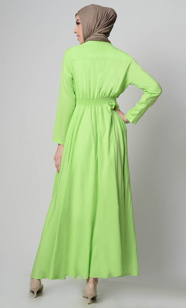 Smocking Waistline And Loop Buttons Detail Casual Abaya Dress - EastEssence.com