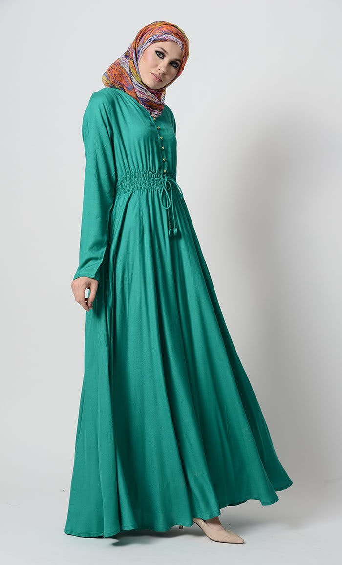Smocking Waistline & Loop Buttons Detail Casual Abaya