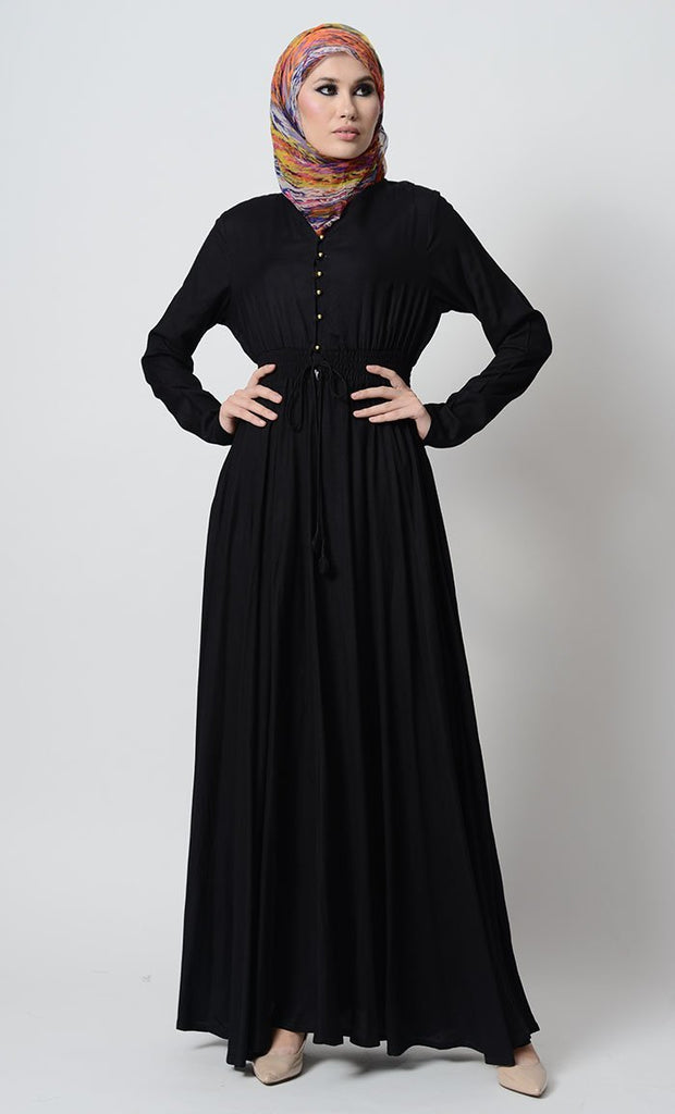 Smocking waistline and loop buttons detail casual abaya dress - EastEssence.com