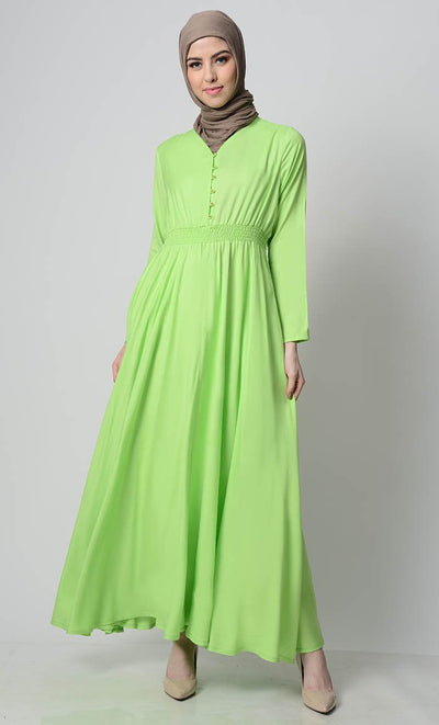 Smocking Waistline And Loop Buttons Detail Casual Abaya Dress - EastEssence.com