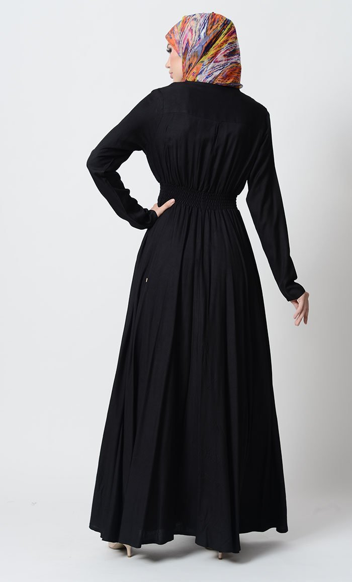 Smocking waistline and loop buttons detail casual abaya dress - EastEssence.com