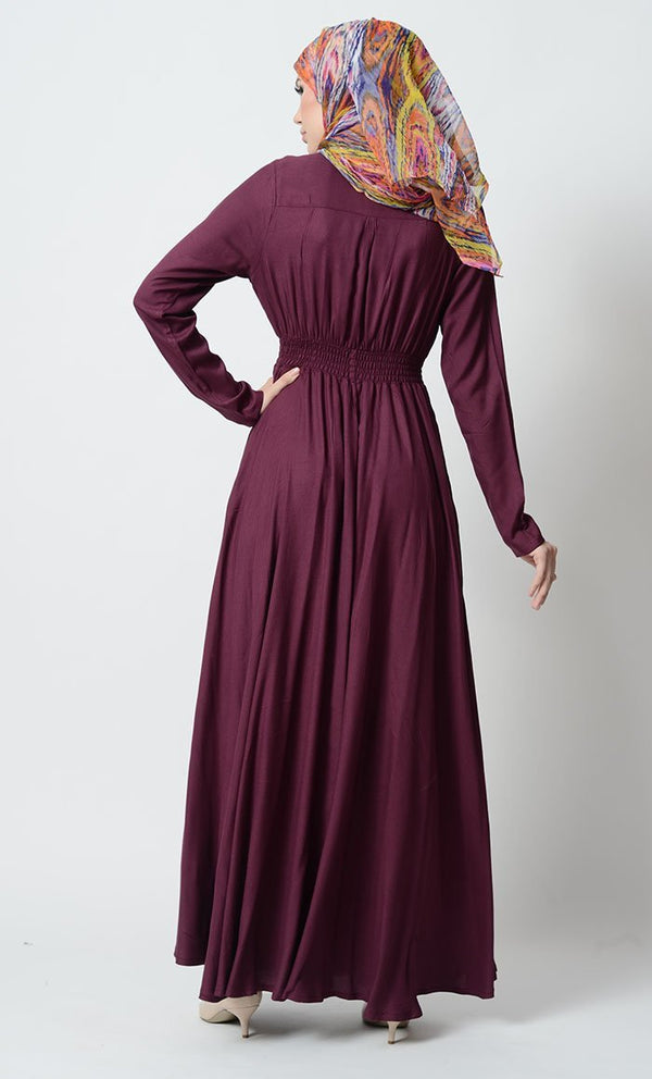 Smocking waistline and loop buttons detail casual abaya dress - EastEssence.com