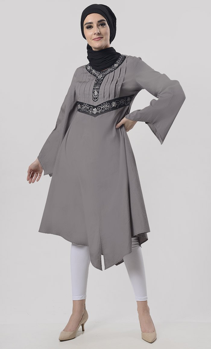 Smooth Knife Pleated Detailing Asymmetric Tunic With Aari Work - EastEssence.com