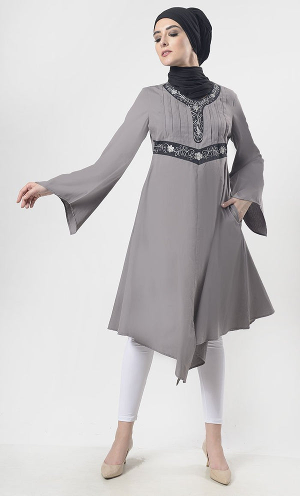 Smooth Knife Pleated Detailing Asymmetric Tunic With Aari Work - EastEssence.com