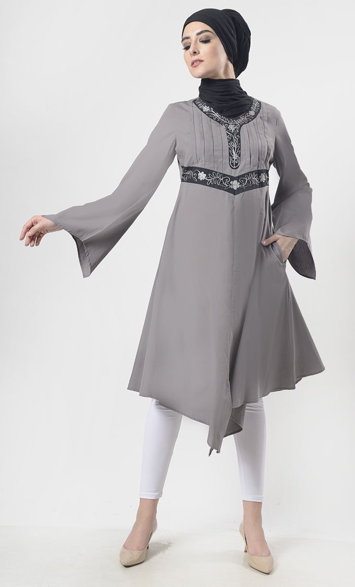 Smooth Knife Pleated Detailing Asymmetric Tunic With Aari Work - EastEssence.com