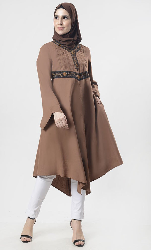 Smooth Knife Pleated Detailing Asymmetric Tunic With Aari Work - EastEssence.com