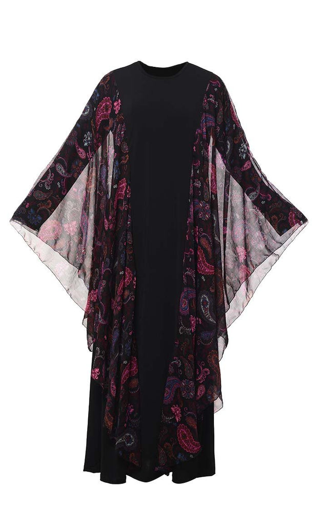 Soft And Comfortable Thl Black Abaya With Printed Chiffon Bat Wings Detailing - EastEssence.com
