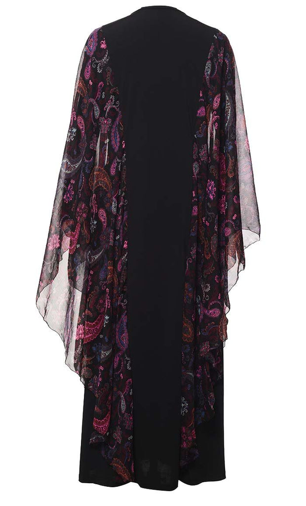 Soft And Comfortable Thl Black Abaya With Printed Chiffon Bat Wings Detailing - EastEssence.com