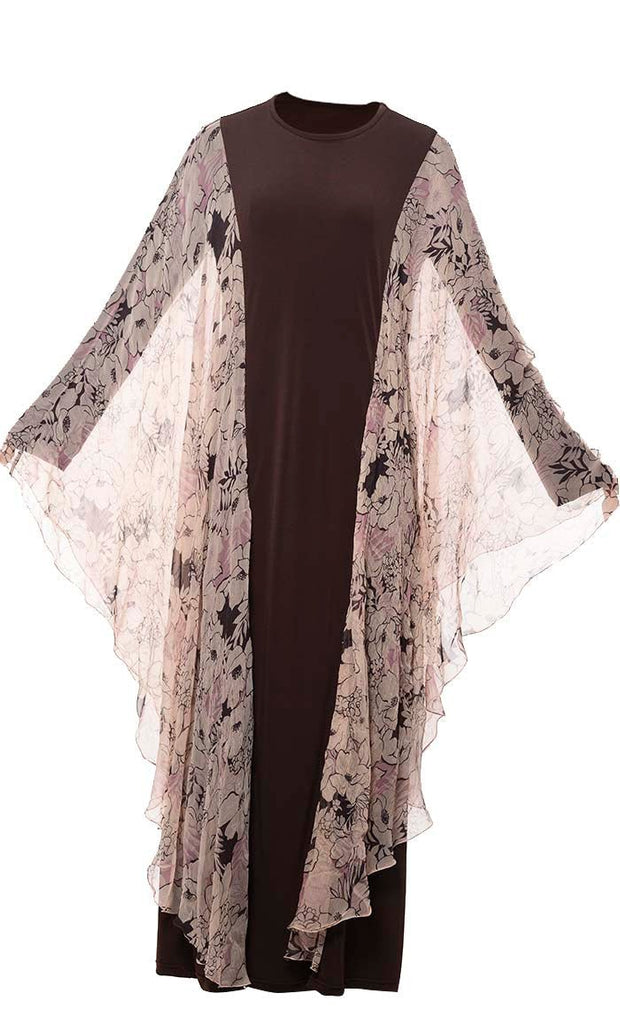 Soft And Comfortable Thl Brown Abaya With Printed Chiffon Bat Wings Detailing - EastEssence.com