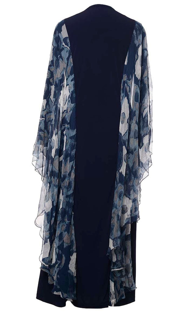 Soft And Comfortable Thl Navy Abaya With Floral Printed Chiffon Bat Wings Detailing - EastEssence.com