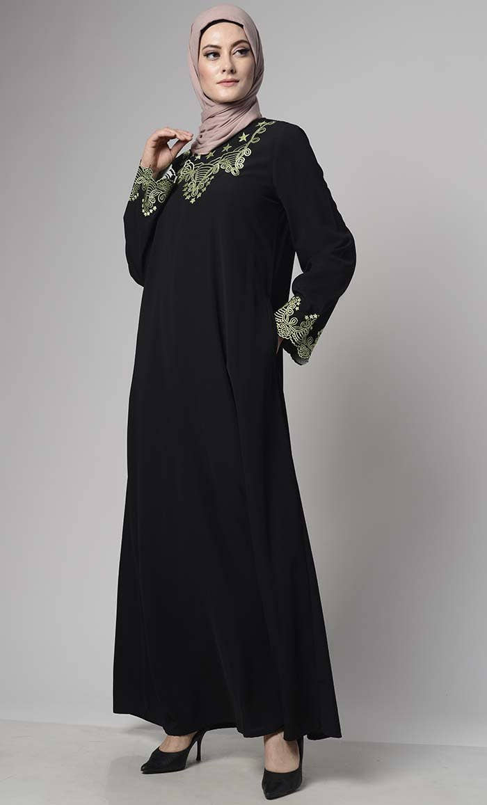 Soft Nida Regular Wear Abaya With Contrast Embroidery - EastEssence.com