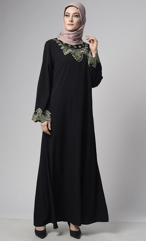Soft Nida Regular Wear Abaya With Contrast Embroidery - EastEssence.com