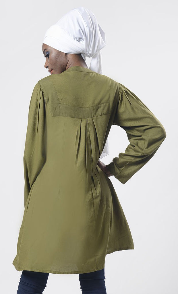 Soft Olive Front Open Button With Aari Work Tunic - EastEssence.com