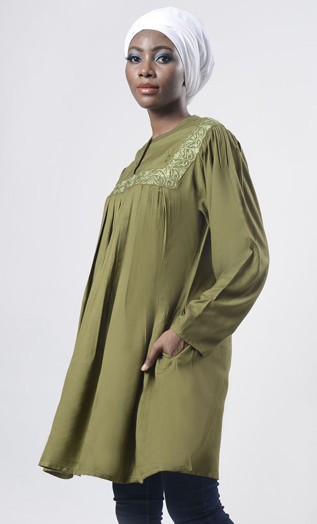 Soft Olive Front Open Button With Aari Work Tunic - EastEssence.com