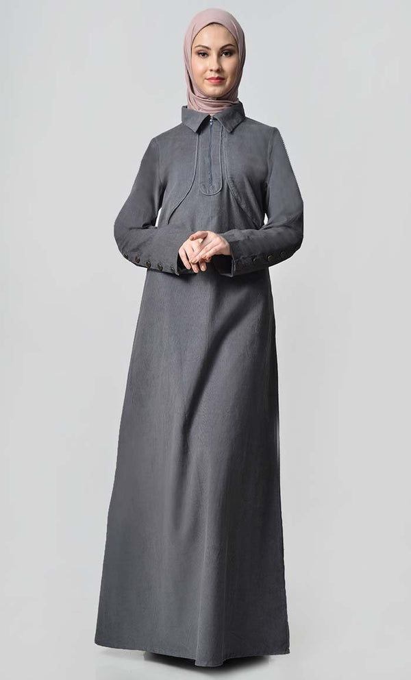 Solid Abaya With Button Detail - Grey - EastEssence.com