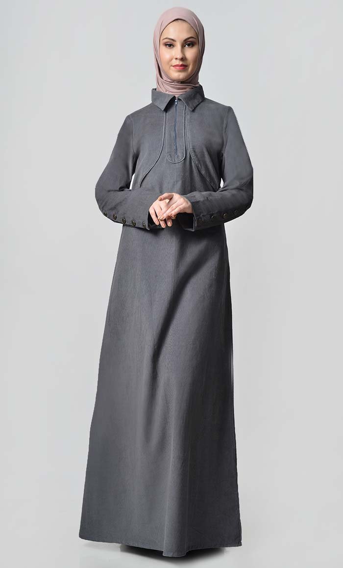 Solid Abaya With Button Detail - Grey - EastEssence.com