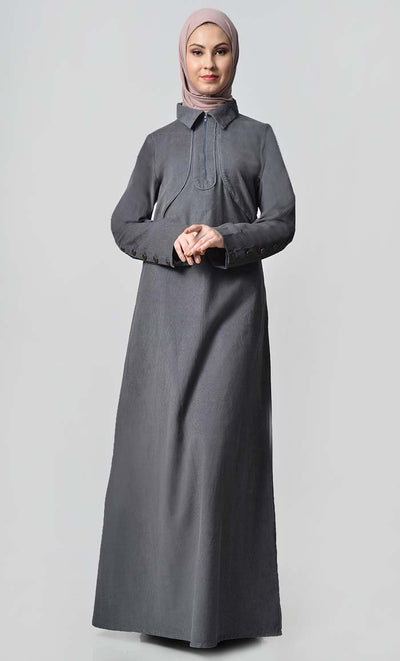 Solid Abaya With Button Detail - Grey - EastEssence.com