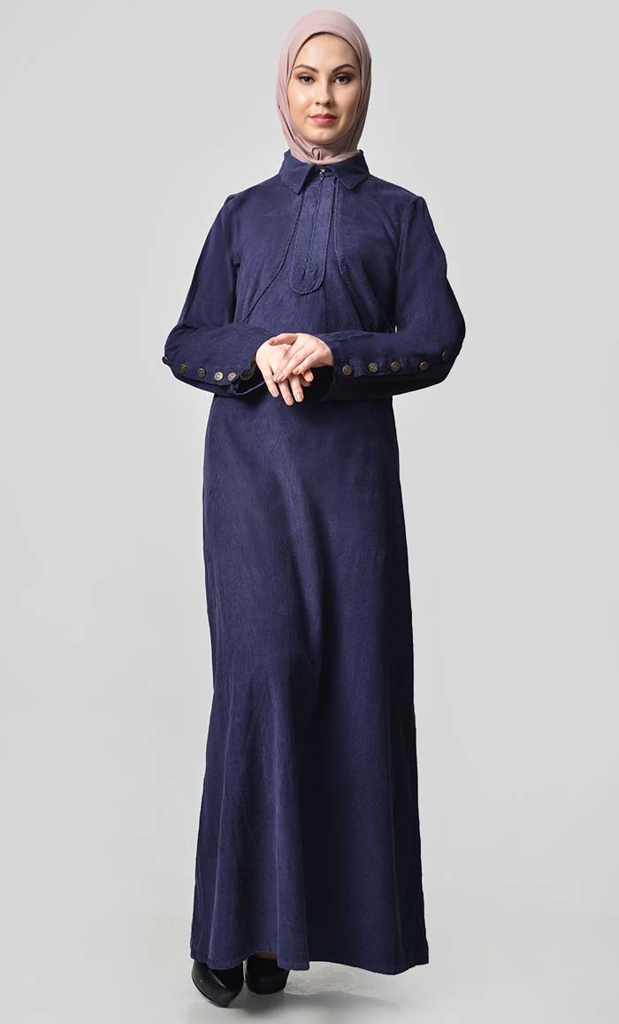 Solid Abaya With Button Detail - Navy - EastEssence.com