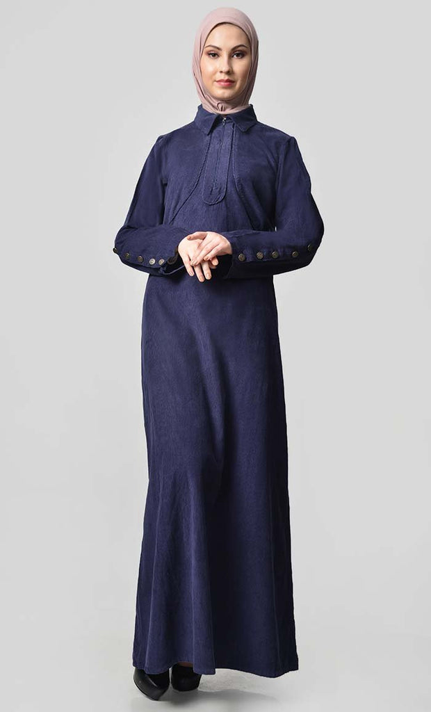 Solid Abaya With Button Detail - Navy - EastEssence.com