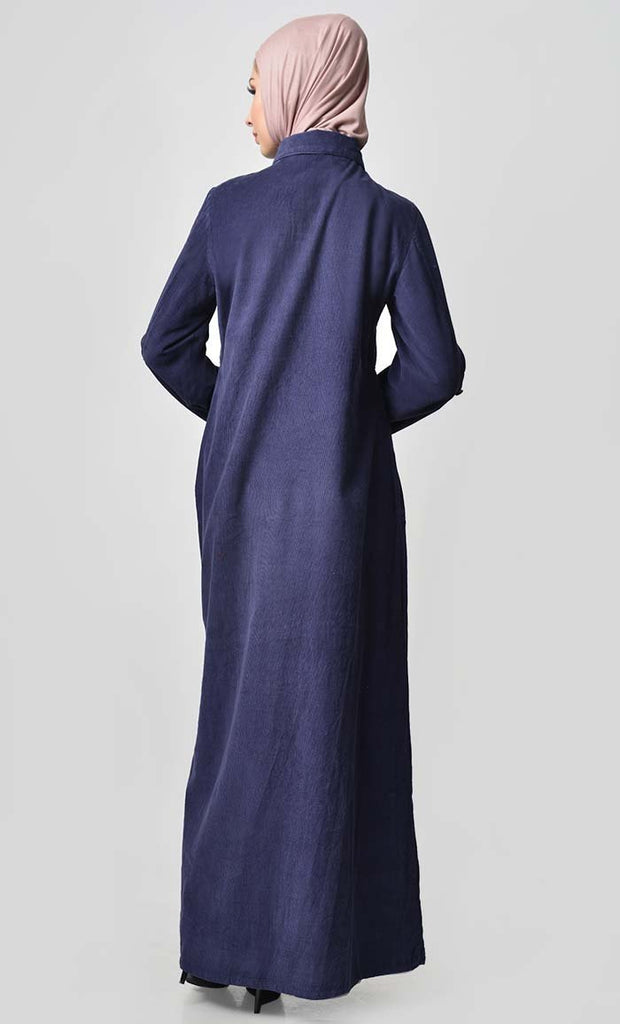 Solid Abaya With Button Detail - Navy - EastEssence.com