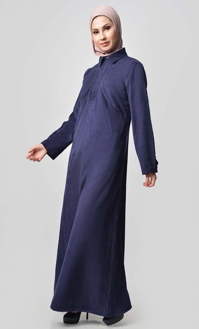 Solid Abaya With Button Detail - Navy - EastEssence.com