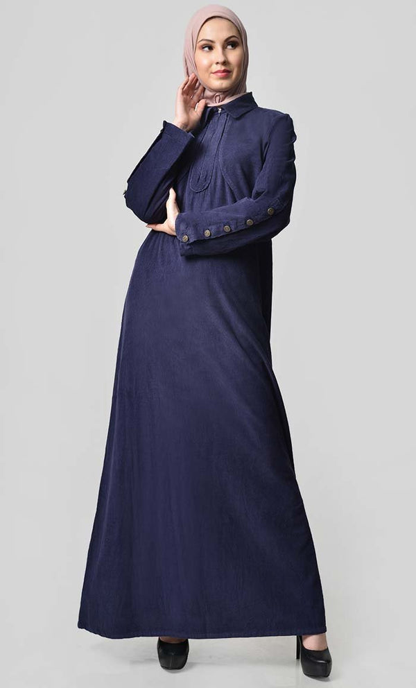 Solid Abaya With Button Detail - Navy - EastEssence.com