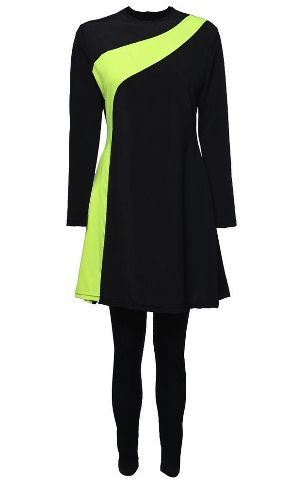 Solid Swimwear Black With Lemon Stripe Burkini Set Of Top Bottom-Final Sale - EastEssence.com