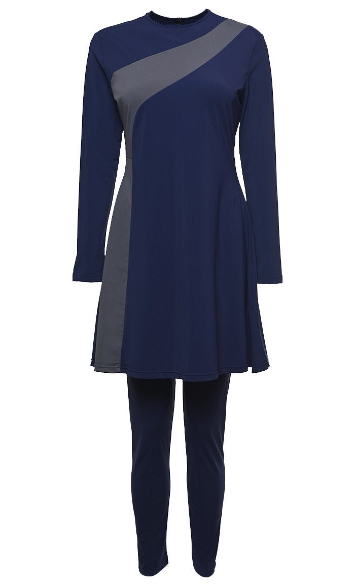 Solid Swimwear Navy With Grey Stripe Burkini Set Of Top Bottom And Cap - EastEssence.com