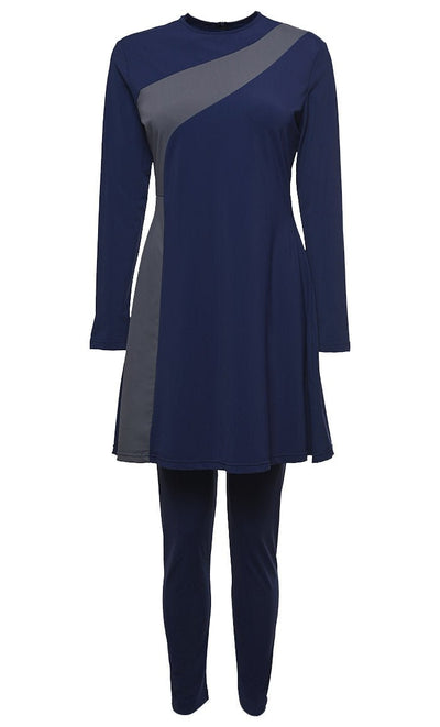 Solid Swimwear Navy With Grey Stripe Burkini Set Of Top Bottom And Cap - EastEssence.com