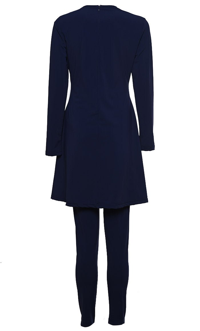 Solid Swimwear Navy With Grey Stripe Burkini Set Of Top Bottom And Cap - EastEssence.com