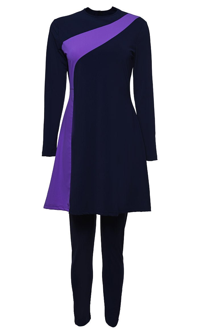 Solid Swimwear Navy With Purple Stripe Burkini Set Of Top Bottom And Cap - EastEssence.com